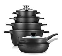 briebe Batteria da cucina a induzione 12 pezzi, set 4 pentole in alluminio pressofuso + 2 padelle, antiaderente ILAG Granitec senza PFOA, set di pentole coperchi vetro, guanti silicone, piano cottura,