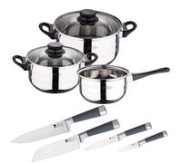 Batteria da Cucina Sip 5 Pezzi, casseruola + 2 Pentole con Coperchio in Vetro e Set di 4 coltelli da Cucina: Chef, Santoku, Multiuso e pelapatate