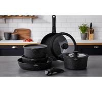 Just Perfecto Essential Batteria di Pentole 11 Pezzi, Manici Amovibili Padella con Casseruola Fonda, Padella, Tegame, Wok, Coperchi, Antiaderenti per Induzione,Lavastoviglie (Black)