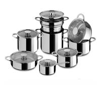 Batteria di pentole 14 pezzi GOURMET acciaio inox 18/10 con coperchi in vetro pyrex adatta per per piano elettrico, induzione, gas, alogeno, vetroceramica , forno inox lucido