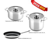 Batteria di pentole 5 pezzi GOURMET acciaio inox 18/10 con coperchi in vetro pyrex adatta per per piano elettrico, induzione, gas, alogeno, vetroceramica , forno inox lucido