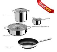 Batteria di pentole 7 pezzi in acciaio inox 18/10 GOURMET con coperchi in vetro pyrex, adatta per per piano elettrico, induzione, gas, alogeno, vetroceramica , forno inox lucido