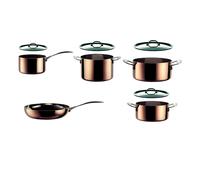 Batteria di Pentole TOSCANA 9 Pezzi Rame-Alluminio-Acciaio ,in rame cuore in rame interno inox 18/10 utilizzabile Su gas , Elettrico , alogeno e ad induzione si in lavastoviglie rame
