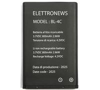 Batteria di ricambio per cellulare Easyfone Prime A1, Prime A2, Prime A5 Mobile, 3,7V, 800mAh Nuova BL-4C Nera, Capacità e Prestazioni pari all'originale.
