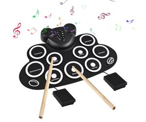 Batteria elettronica Kit rullo manuale con bacchette Pedale a pedale 9 pad Doppio altoparlante ricaricabile Connessione MIDI Gaming Practice Pad Vacanza Compleanno