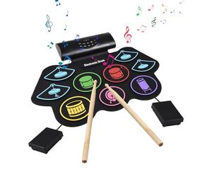 Batteria elettronica Strumento a percussione a rullo a mano 9 pad Interfaccia BT MIDI con bacchette Pedale a pedale Altoparlante audio esterno Kit pad per esercizi Vacanza Compleanno