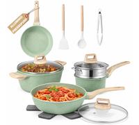 Batteria Pentole 15 Pezzi Verde in Alluminio Pressofuso con Accessori e Coperchi