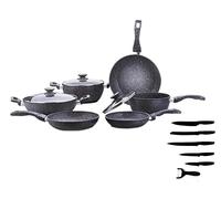 Batteria Pentole Bavaria 15 Pz Pietra Lavica Qualità Extra + Set 6 Coltelli Omag