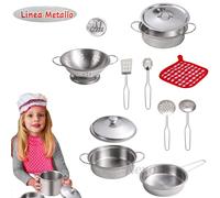 Batteria Pentole in Metallo con Coperchio Scolapiatti Posate Presina Set Cucina