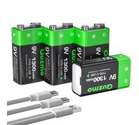 Batterie al litio ricaricabili USB 9 V, 1300 mAh, ricaricabili ad alta capacità da 9 V, con cavo di ricarica rapida USB-C 2 in 1, metal detector, multimetro (confezione da 4)