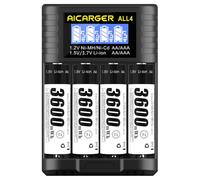 Batterie ricaricabili AA al litio 1,5 V 3600 mWh, confezione da 4 batterie AA ricaricabili con caricatore LCD, 1200 cicli ad alta capacità