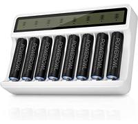 Batterie Ricaricabili AA con Caricabatterie, Powerowl LCD Caricabatterie per Pile Ricaricabili AA AAA, Slot indipendente - Qtà 8