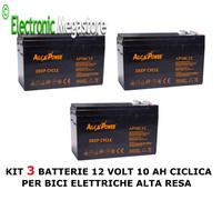 BATTERIE RICARICABILI AL PIOMBO 12V 10A ERMETICA - PACCO DA 3 PEZZI - PER BICI