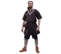 Battle-Merchant Ailrik -Tunica Medievale a Maniche Corte con bordature - Uomo - Ideale Come Costume da Guerriero o per Carnevale - Marrone - S
