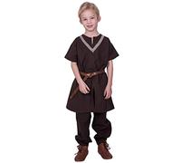 Battle-Merchant Ailrik - Tunica medievale per bambini, con bordo, a maniche corte, per ragazzi (marrone, 110)