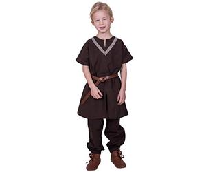 Battle-Merchant Ailrik - Tunica medievale per bambini, con bordo, a maniche corte, per ragazzi (marrone, 110)