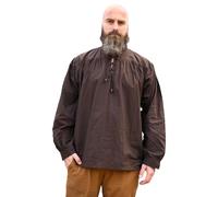 Battle-Merchant - Camicia Medievale Ludwig, da Uomo - Cotone - Taglia Ampia, Allacciatura, Collo Alto, Maniche Lunghe - Larp, Vichingo - Marrone - M