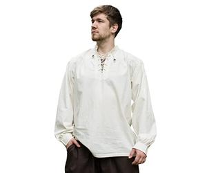 Battle-Merchant - Camicia Medievale Ludwig, da Uomo - Cotone - Taglia Ampia, Allacciatura, Collo Alto, Maniche Lunghe - Larp, Vichingo