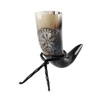 Battle-Merchant | corno vichingo di alta qualità con supporto e motivo Vegvísir | corno di manzo inciso in set con supporto per corno | corno medievale fino a 300 ml
