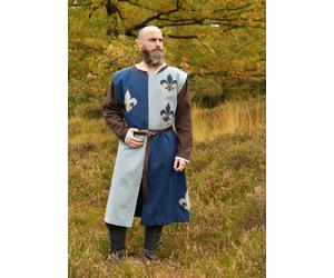 Battle-Merchant Mantello Medievale Con Giglio, Mi-Parti, Blu-Grigio Blu