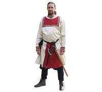 Battle-Merchant - Tunica vichinga/Medievale da Uomo con Bordo Ricamato - Maniche Lunghe - Ideale per Giochi di Ruolo dal Vivo (Larp) - Bianco Sporco/Rosso - XL