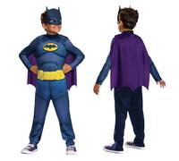 Batwheels Costume da Batman per bambini, ufficiale Batman di Disguise, con petto imbottito blu scuro con emblema pipistrello, include mantello viola e mezza maschera, per età 3-4 e 4-6 anni