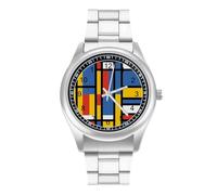 Bauhaus - Orologio da polso da uomo, stile astratto, moderno, stile Mondrian blu, geometrico, casual, con cinturino in acciaio inossidabile, in lega, al quarzo, Stile:, regular, Bracciale
