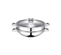 Baumalu - Wok & Wok Vapore 2 in 1 - Acciaio inossidabile - Tutti i fuochi tra cui induzione - Coperchio in vetro con bordi in acciaio inox e foro vapore - con verdure e cestello - Maniglie in metallo