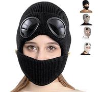 BAUNBRHY 3-in-1 Unisex Knitted Goggles Beanie, Ski Mask with Goggles & Detachable Mask, with Face Mask & Ear Cover, Goggle Knitted Beanie Hat Windproof Warm Winter Skull cap for Men Women -Black