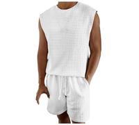 Bauzuoyo 2 pezzi, canotta da uomo senza maniche, a nido d'ape e pantaloni corti, set da spiaggia, palestra, sport, allenamento, abbigliamento sportivo, traspirante, largo, estivo, 2 pezzi, bianco,