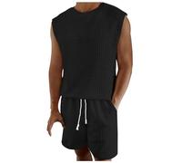Bauzuoyo 2 pezzi, canotta da uomo senza maniche, a nido d'ape e pantaloni corti, set da spiaggia, palestra, sport, allenamento, abbigliamento sportivo, traspirante, largo, estivo, 2 pezzi, Nero , XXXL