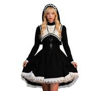 Bauzuoyo Abito gotico da donna spaventoso suora costume da halloween rinascimentale abito da suora medievale con cofano Sexy abito midi per cosplay feste, carnevale vintage