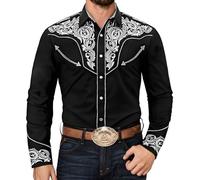 Bauzuoyo Camicia western da uomo, costume da cowboy, a maniche lunghe, per carnevale, stile retrò, vintage, con motivo ornamentale, per feste a tema, per feste, Nero 1, XL