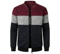 Bauzuoyo Cardigan da uomo a maglia fine con chiusura lampo, da uomo, blocco di colore, per autunno e inverno, Colore: rosso, L