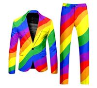 Bauzuoyo Costume colorato da uomo, per Carnevale, arcobaleno, 2 pezzi, slim fit, giacca e pantaloni da tuta, divertente, con strisce arcobaleno, Pride, feste, discoteca, set da discoteca, 001
