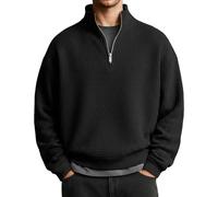Bauzuoyo Maglione da uomo a 1/4 zip, con collo alto, a maniche lunghe, da lavoro, in tessuto a nido d'ape, a maniche lunghe, oversize, casual, Nero , L