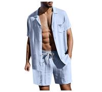 Bauzuoyo Pigiama estivo in lino, 2 pezzi, da uomo, casual, con pantaloncini e t-shirt, set elegante, per il tempo libero, in tinta unita, leggero, a maniche corte, con bottoni e risvolto, Azzurro, L