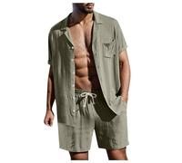 Bauzuoyo Pigiama estivo in lino, 2 pezzi, da uomo, casual, con pantaloncini e t-shirt, set elegante, per il tempo libero, in tinta unita, leggero, a maniche corte, con bottoni e risvolto, verde, XL