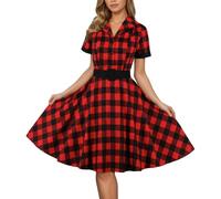 Bauzuoyo Rockabilly, abito da donna vintage anni '50s, stile retrò, swing, per feste, feste, con scollo a V, elegante, motivo scozzese, a maniche corte, linea ad A, con cintura, Colore: rosso, XL