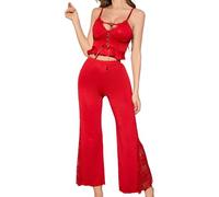 Bauzuoyo Set di lingerie da donna, 2 pezzi, in pizzo, sexy, trasparente, con lacci, senza maniche, 2 pezzi, pigiameria lunga con spalline sottili, reggiseno babydoll lingerie da donna, Colore: rosso