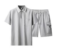 Bauzuoyo Tuta estiva da uomo, 2 pezzi, per sport, a maniche corte, con tasche, per il tempo libero, da lavoro, con chiusura lampo, set da due pezzi, grigio., 3XL