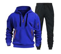 Bauzuoyo Tuta sportiva da uomo, 2 pezzi, da jogging, con cerniera a 1/4, con cappuccio, felpa e pantaloni da jogging, a maniche lunghe, oversize, per il tempo libero, Blu, XL