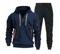 Bauzuoyo Tuta sportiva da uomo, 2 pezzi, da jogging, con cerniera a 1/4, con cappuccio, felpa e pantaloni da jogging, a maniche lunghe, oversize, per il tempo libero, Blu marino, L