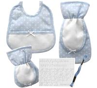 Bavaglia, porta biberon, porta ciuccio da ricamare a punto croce, filo e schema ricamo/Set regalo neonato con Tela Aida (07 Azzurro)