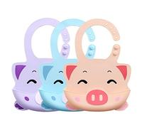 Bavaglini in Silicone Impermeabili per Neonato 0-3 anni, Treer Regolabili Bavaglino con Tasca, per Bambino e Ragazzi e Ragazze, Facile da Pulire (Maiale tricolore)