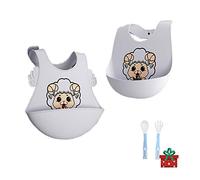 Bavaglini in Silicone Impermeabili per Neonato 0-3 mesi, Treer Regolabili Bavaglino con Tasca, per Bambino e Ragazzi e Ragazze, Facile da Pulire (2pcs,Agnello bianco)