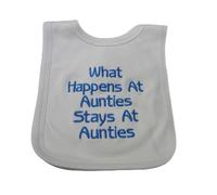 Bavaglino personalizzato - What happens at Aunties - ricamato - blu