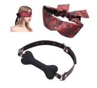 Bavaglio in silicone a forma di osso e cinturino per la copertura degli occhi, set di addestramento per animali domestici simulato per gioco sessuale in camera da letto - B04IT (Nero)