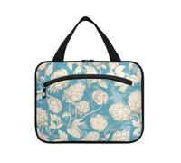 Bavarese distintivo personalizzato blu e bianco elegante appeso grandi borse da toilette per le donne con gancio, borsa per il trucco compatta da appendere di design per le donne in viaggio toilette