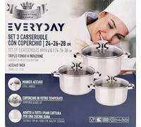Bavaria Set 3 Casseruole Acciaio Inox 24/26/28cm Coperchio Vetro Triplo Fondo